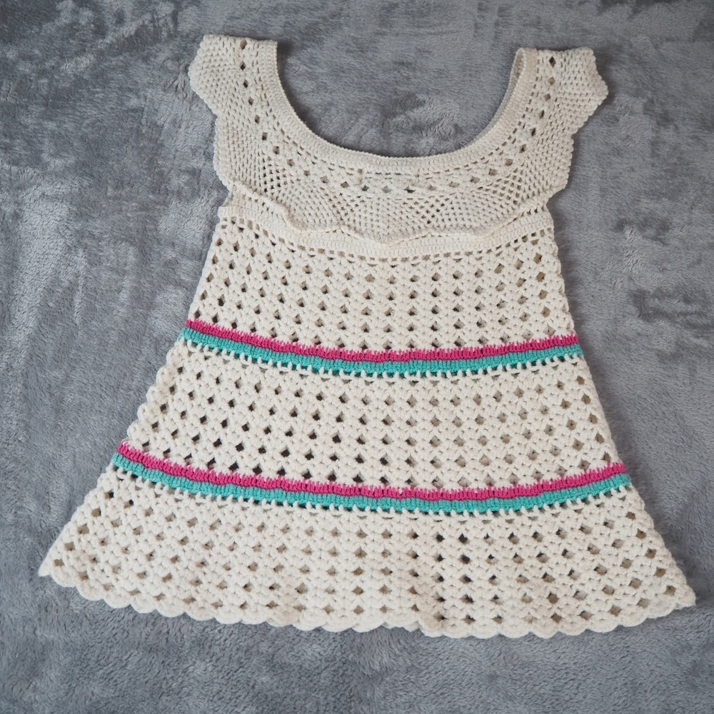 Vintage Y2K Crochet Open Knit Tank Top Women's Small Wool Blend Tired Scalloped - Picture 6 of 7